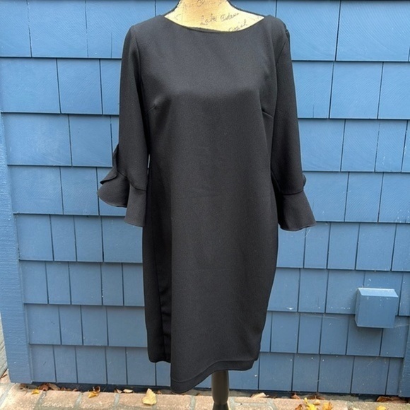 🖤🖤🖤 Karl Lagerfeld 14 black dress cocktail holidays MOD bell sleeve - Picture 2 of 8